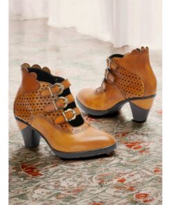 Women's Vintage Buckle Strap Ankle Boots - Brown Perforated High Heels for Oktoberfest, Casual, and Formal Wear 2025