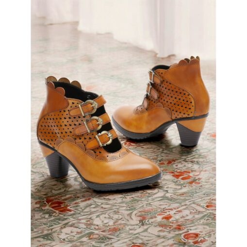 Women's Vintage Buckle Strap Ankle Boots - Brown Perforated High Heels for Oktoberfest, Casual, and Formal Wear 2025