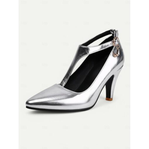 Women's 1980s Elegant Metallic Silver T-Strap Heels with Pointed Toe and Buckle Detail – Perfect for Evening Parties or Formal Events 2025 - Image 3