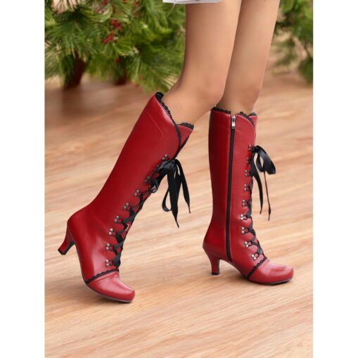 Women's Green Victorian Lace-Up Boots - Retro Mid-Calf Leather Boots with Black Lace Trim and Kitten Heel, Perfect for Cosplay, Parties, and Vintage S - Image 3