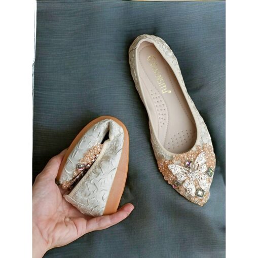 Women's Foldable Embroidered Ballet Flats with Beaded Butterfly Design - Comfortable and Stylish Wedding Shoes 2025