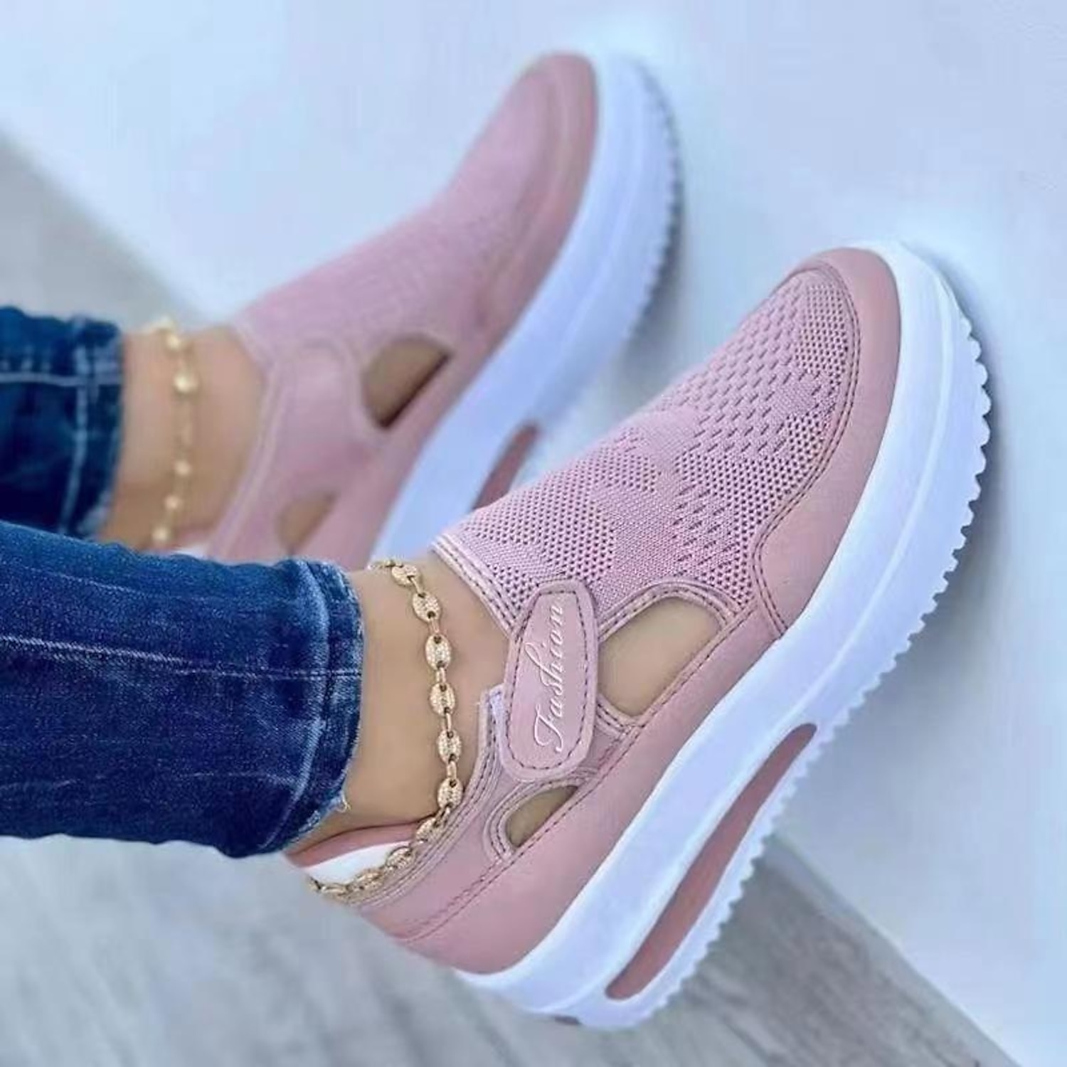 Women's Blue and Pink Breathable Mesh Slip-On Wedge Sneakers with Air Cushion Sole - Perfect for Casual Walks and Everyday Wear 2025