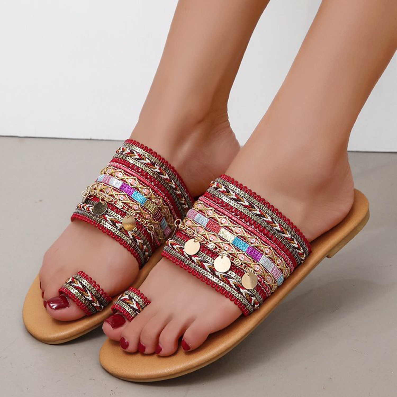 Women's Boho Style Beaded Sandals with Colorful Straps and Toe Ring – Summer Open-Toe Flats for Casual Beach Wear 2025 - Image 3
