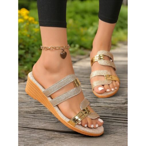 Women's Glitter Strappy Wedge Sandals with Gold Accents - Casual Summer Shoes for Beach, Vacation and Everyday Wear 2025 - Image 3