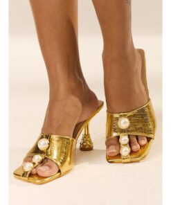Luxurious Gold Leather Mules with Pearl Accents and Sculptural Heels - Elegant Women's Slip-On Dress Sandals 2025