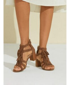 Women's Brown Suede Tassel Ankle Strap Block Heel Sandals | Boho Chic Summer Footwear 2025
