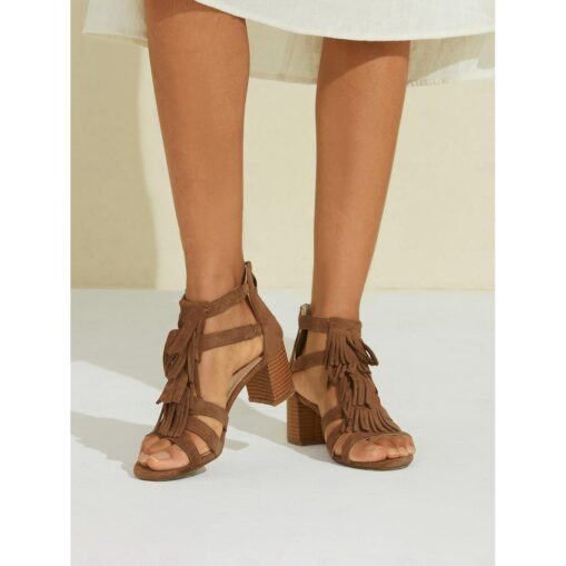 Women's Brown Suede Tassel Ankle Strap Block Heel Sandals | Boho Chic Summer Footwear 2025