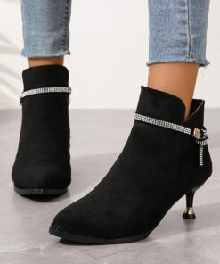 Women's Black Suede Ankle Boots – Rhinestone Embellished Strap, Kitten Heel, and Pointed Toe for Party and Evening Wear 2025