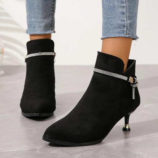 Women's Black Suede Ankle Boots – Rhinestone Embellished Strap, Kitten Heel, and Pointed Toe for Party and Evening Wear 2025