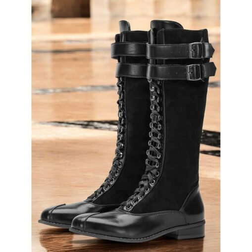 Women's Burgundy Faux Suede and Black Faux Leather Knee-High Lace-Up Boots – Vintage-Inspired Design with Double Buckle Straps, Perfect for Casual and - Image 3