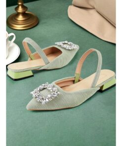 Green Satin Slingback Heels with Crystal Buckle – Stylish Casual Shoes for Women, Perfect for Day Events, Parties, or Cocktail Wear 2025