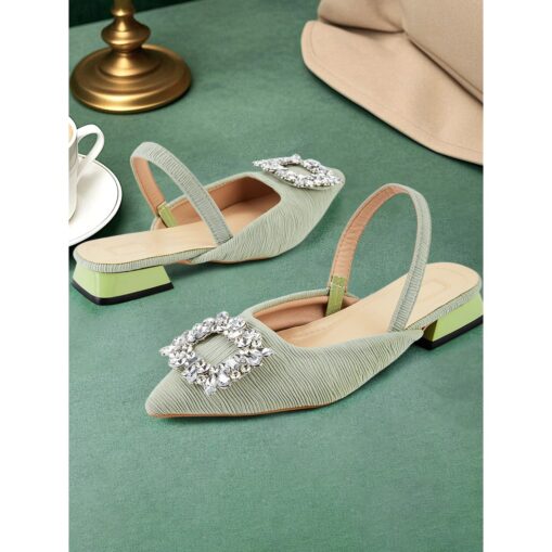 Green Satin Slingback Heels with Crystal Buckle – Stylish Casual Shoes for Women, Perfect for Day Events, Parties, or Cocktail Wear 2025