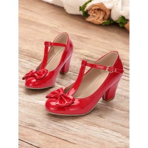 Women's Red T-Strap Heels with Bow Detailing and Block Heels – Elegant Vintage-Inspired Shoes for Parties and Formal Occasions 2025 - Image 2