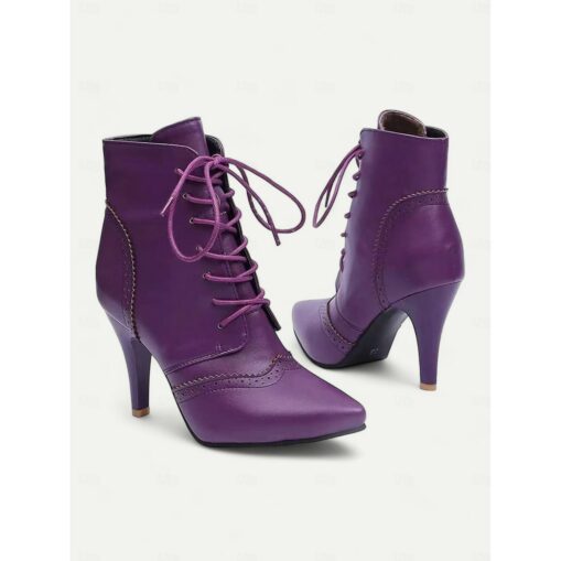 Women's Black Lace-Up Stiletto Ankle Boots with Brogue Detailing - Gothic Witch Shoes for Halloween and Cosplay 2025