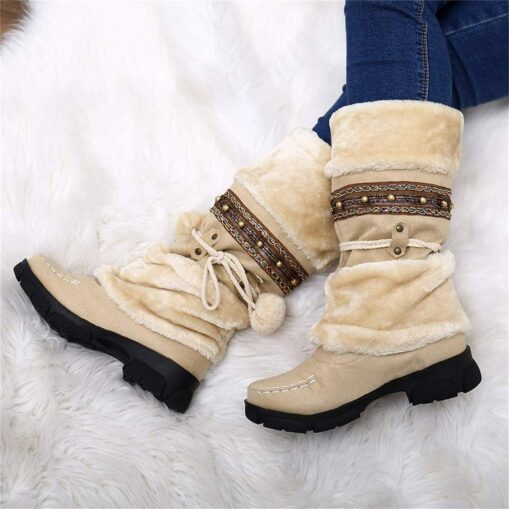 Women's Winter Faux Fur Boots with Decorative Pom-Poms and Beaded Trim - Perfect for Cold Weather and Casual Wear 2025 - Image 2
