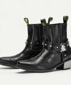 Men's Black Faux Leather Motorcycle Boots with Flame Embroidery and Metal Buckle – Western Style Ankle Boots for Biker Fashion and Casual Wear 2025