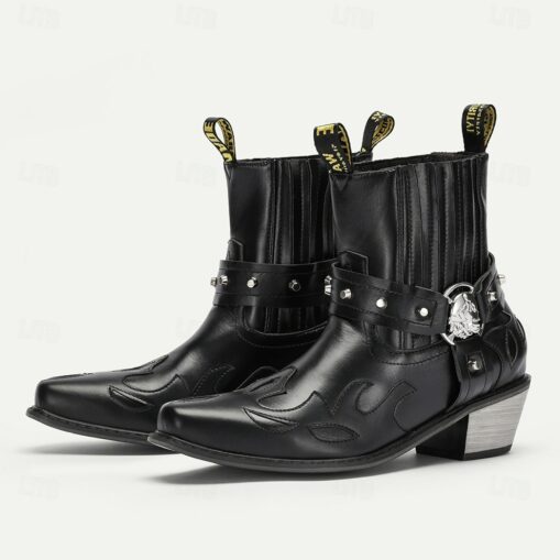 Men's Black Faux Leather Motorcycle Boots with Flame Embroidery and Metal Buckle – Western Style Ankle Boots for Biker Fashion and Casual Wear 2025