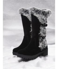 Women's Black Faux Suede Fur-Lined Winter Boots with Buckle Details and Chunky Sole – Warm and Stylish Snow Boots for Cold Weather 2025