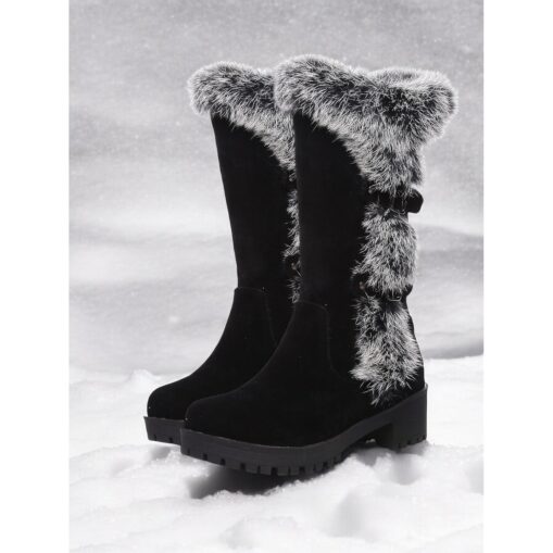 Women's Black Faux Suede Fur-Lined Winter Boots with Buckle Details and Chunky Sole – Warm and Stylish Snow Boots for Cold Weather 2025