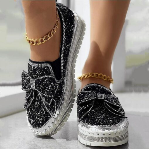 Women's Sparkly Rhinestone Slip-On Sneakers – Glitter Bow Platform Loafers for Party, Casual & Streetwear Fashion 2025 - Image 2