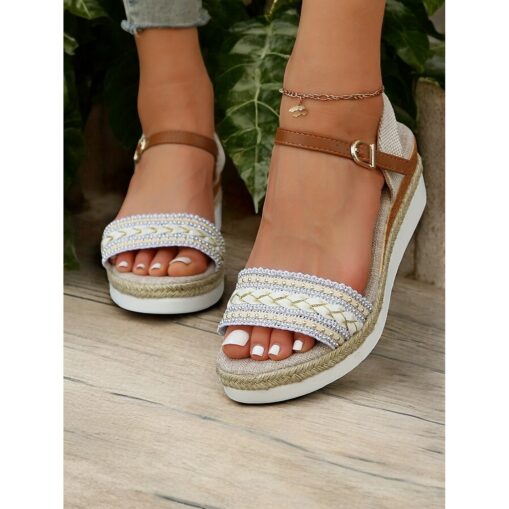 Women's Boho Platform Sandals with Braided Straps and Rhinestone Accents - Comfortable Summer Wedge Shoes for Casual Outings 2025 - Image 2