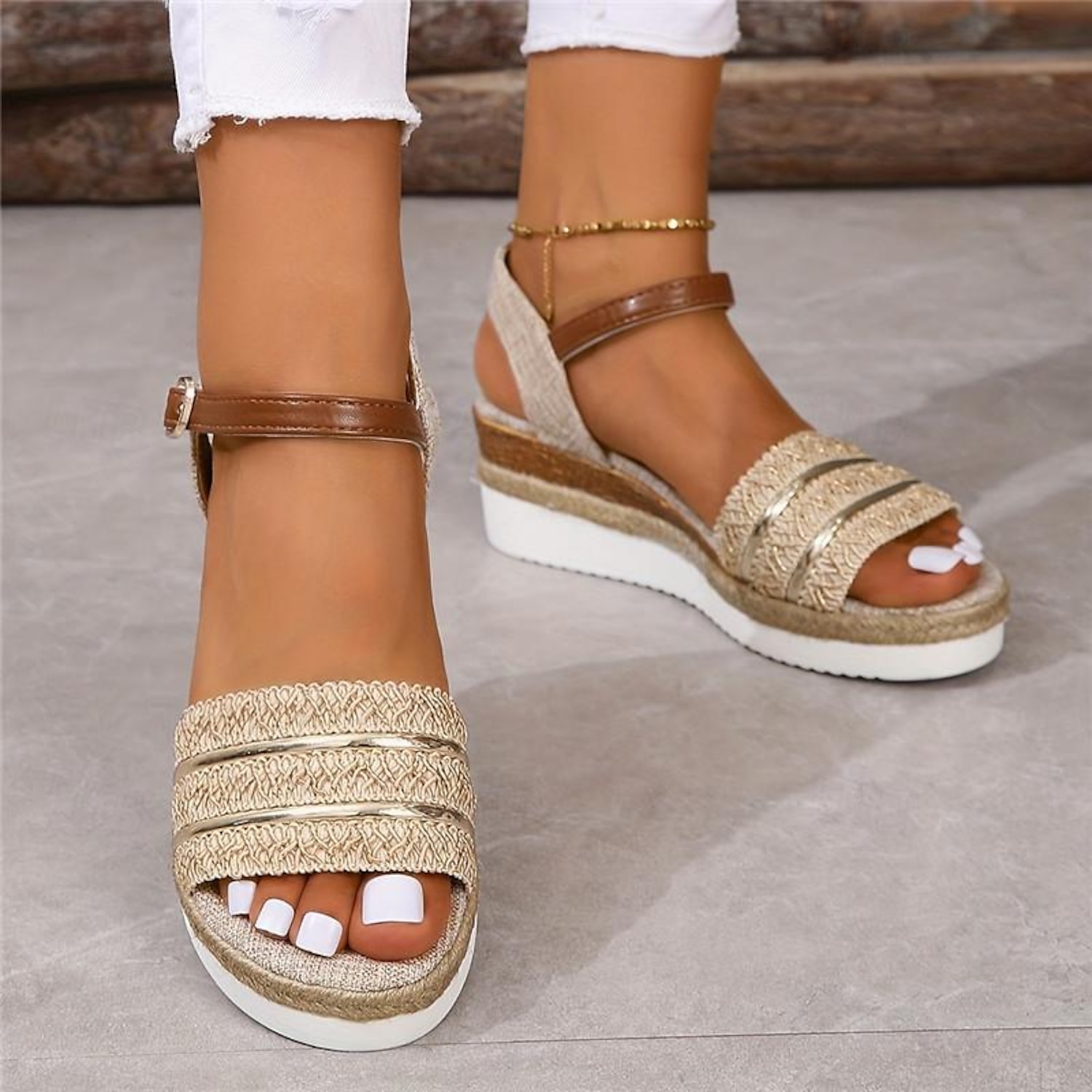 Women's Solid Color Platform Sandals Open Toe Ankle Buckle Strap Slingback Wedge Shoes Summer Versatile Comfy Shoes 2025