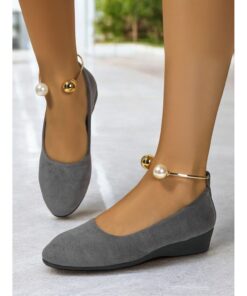 Comfort Faux Suede Wedge Flats with Pearl Ankle Strap Detail, Elegant Style for Office and Casual Outings 2025