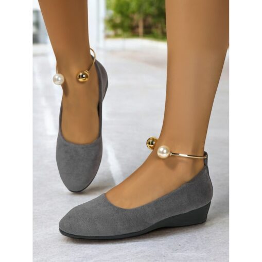 Comfort Faux Suede Wedge Flats with Pearl Ankle Strap Detail, Elegant Style for Office and Casual Outings 2025