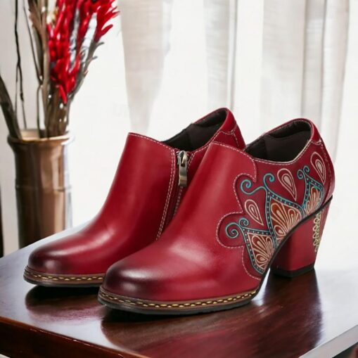 Women's Heels Pumps Handmade Shoes Vintage Shoes Party Geometric Cone Heel Round Toe Elegant Vintage Leather Black Red Blue 2025