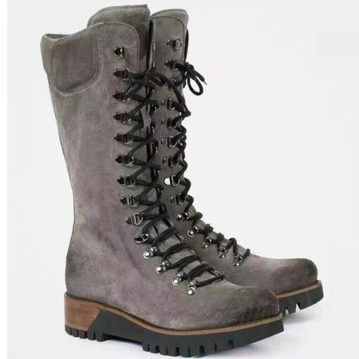 Women's Navy Suede Lace-Up Combat Boots with Side Zipper and Rugged Sole - Stylish High-Cut Boots for Winter and Outdoor Adventures 2025 - Image 4
