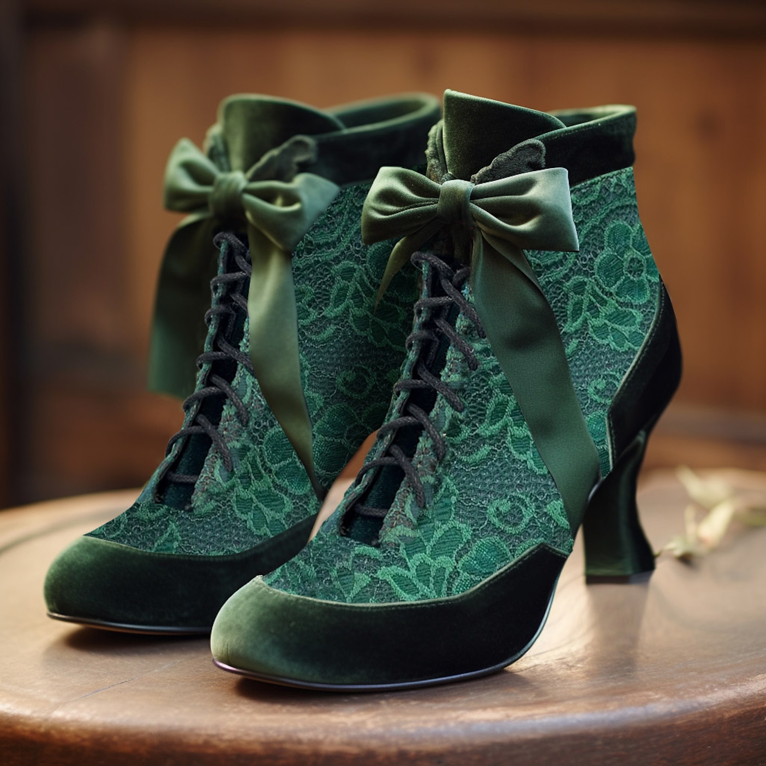 Women's Victorian Green Lace Ankle Boots with Ribbon Ties - Perfect for Vintage Themed Events and Costume Parties 2025