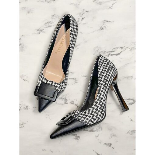 Women's Houndstooth Pointed Toe High Heels with Buckle Detail – Elegant Stiletto Pumps for Office and Formal Occasions 2025 - Image 2