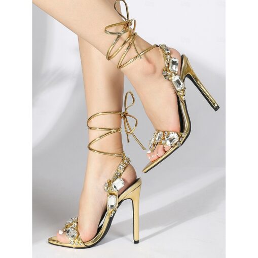 Women's Green Metallic Lace-Up Stiletto Heels with Rhinestone Embellishments – Glamorous Party and Evening Sandals 2025 - Image 2