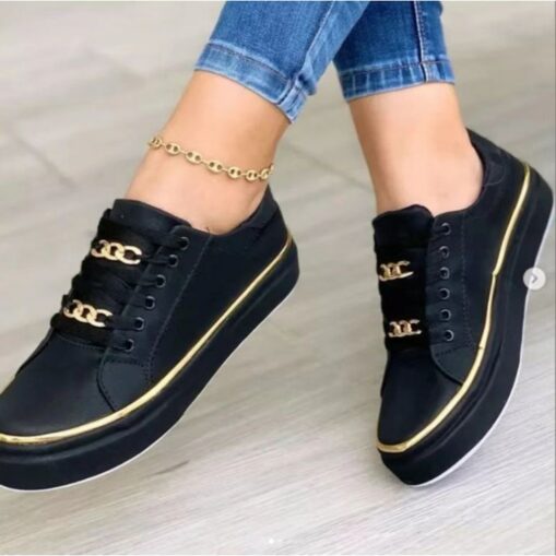 Women's Black Lace-Up Sneakers with Gold Chain Detail – Casual Fashion Shoes for Everyday Wear 2025