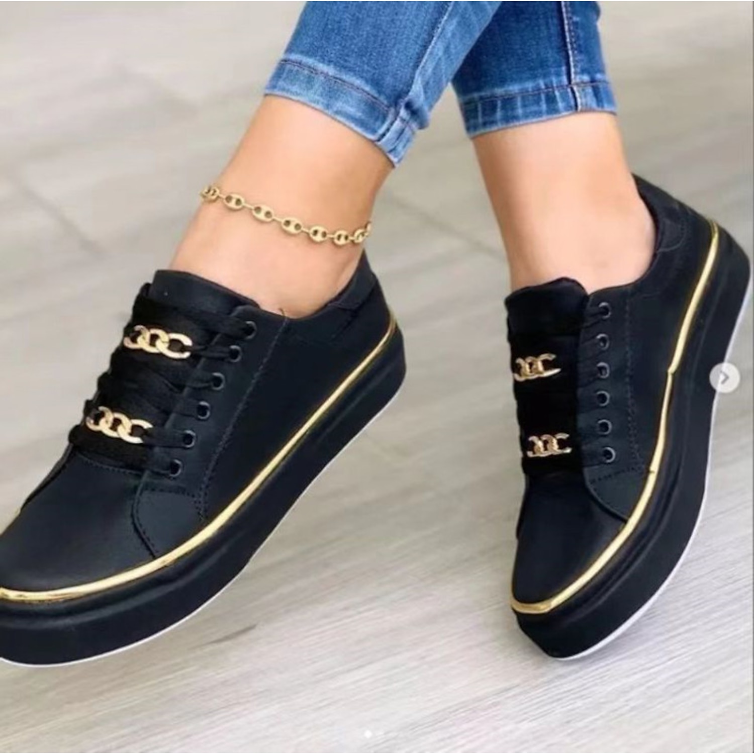 Women's Black Lace-Up Sneakers with Gold Chain Detail – Casual Fashion Shoes for Everyday Wear 2025