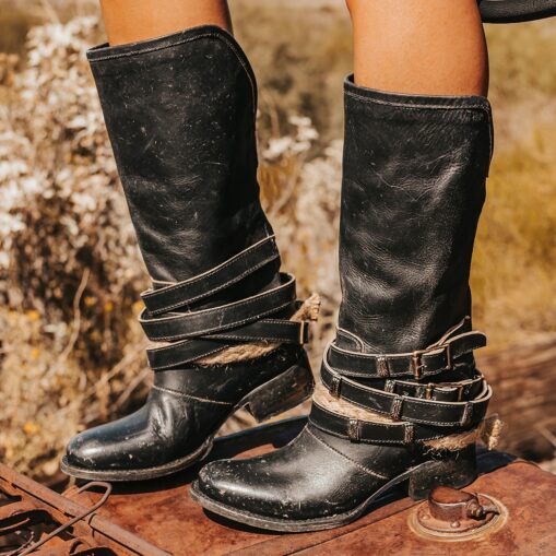 Women's Brown Faux Leather Mid-Calf Boots – Buckled Straps & Rustic Rope Detailing, Vintage Style Western Boots for Casual & Outdoor Wear 2025 - Image 2