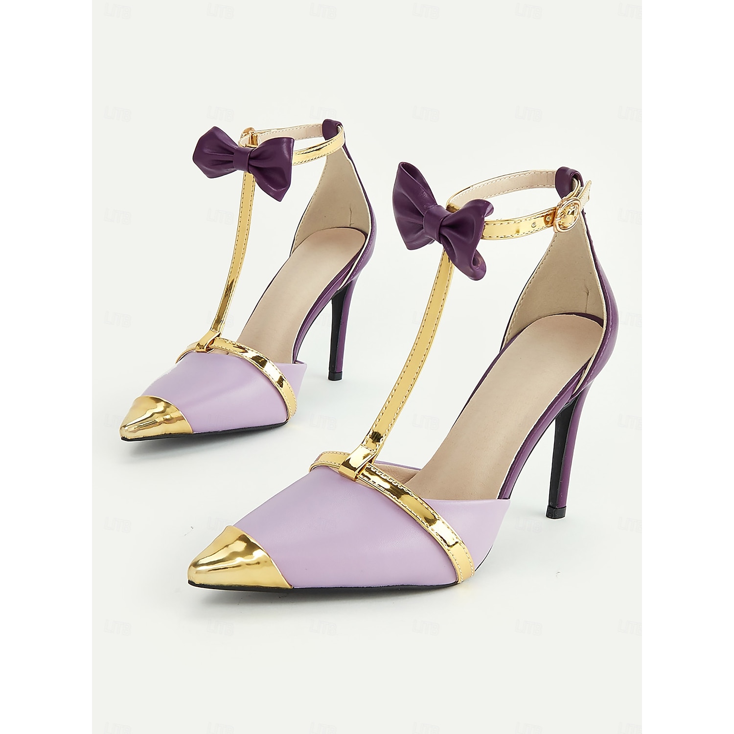 Women's Lavender T-Strap Stiletto Heels with Gold Accents and Bow Details, Elegant Party and Evening Shoes for Special Occasions 2025
