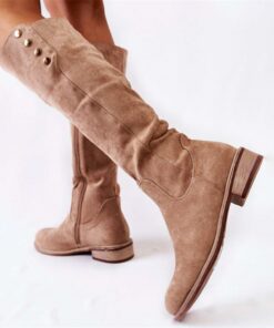 Women's Beige Suede Knee-High Boots with Button Detail - Stylish Footwear for Casual Outings and Autumn Fashion 2025