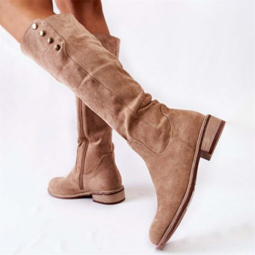 Women's Beige Suede Knee-High Boots with Button Detail - Stylish Footwear for Casual Outings and Autumn Fashion 2025
