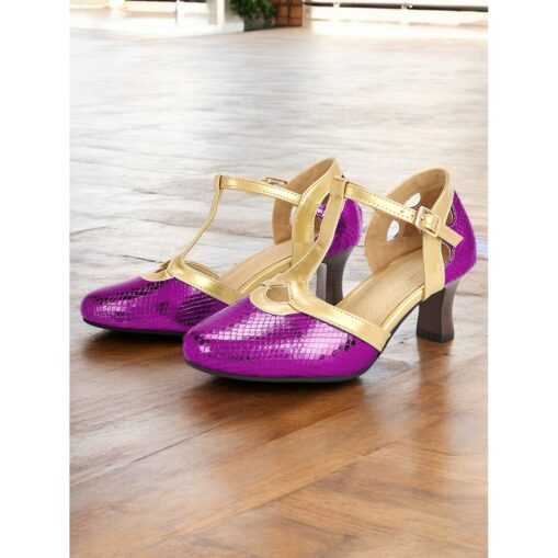 Women's Green and Gold T-Strap Shoes with Snakeskin Pattern Mid Heel and Vintage Style for Ballroom Performances and Formal Events 2025 - Image 3