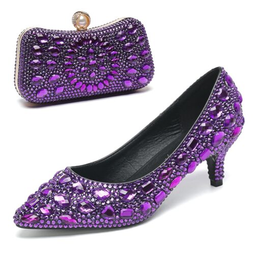 Women's Crystal-Embellished Kitten Heel Shoes and Matching Clutch Set - Elegant Rhinestone Wedding Pumps with Evening Bag 2025 - Image 8