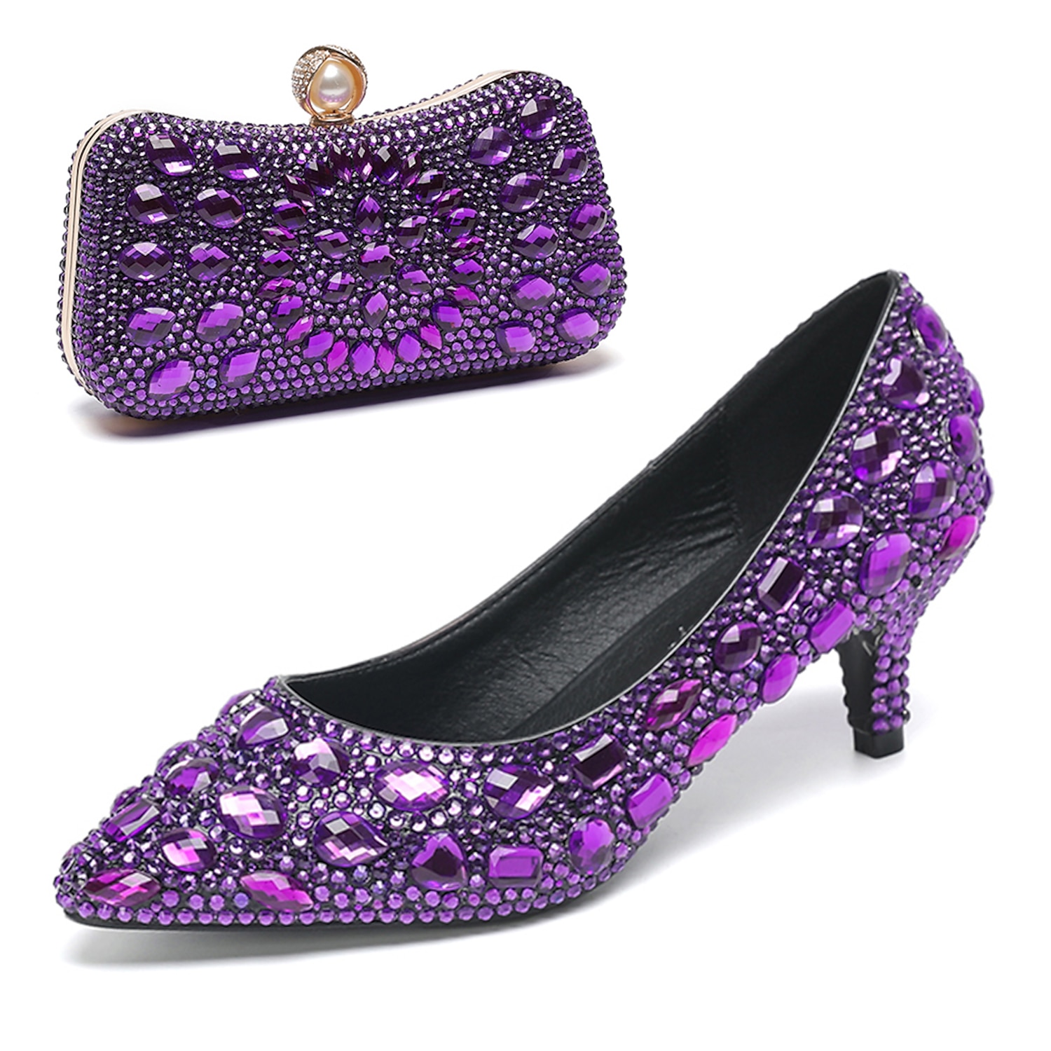 Women's Crystal-Embellished Kitten Heel Shoes and Matching Clutch Set - Elegant Rhinestone Wedding Pumps with Evening Bag 2025 - Image 8