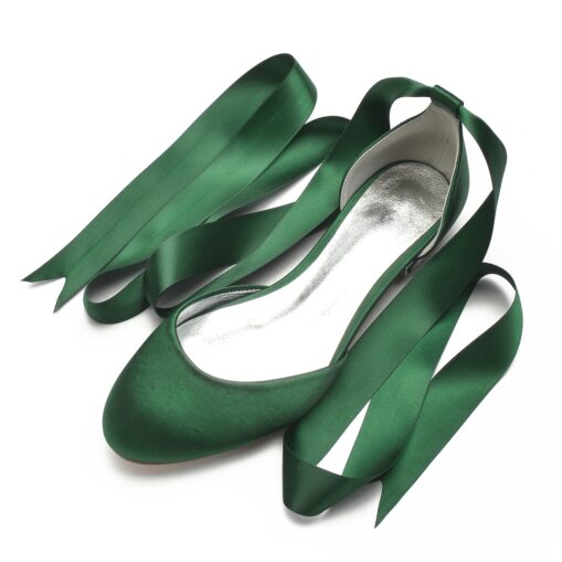 Women's Green Satin Ballet Flats with Long Ribbon Ties, Elegant and Comfortable Shoes for Weddings and Special Occasions 2025