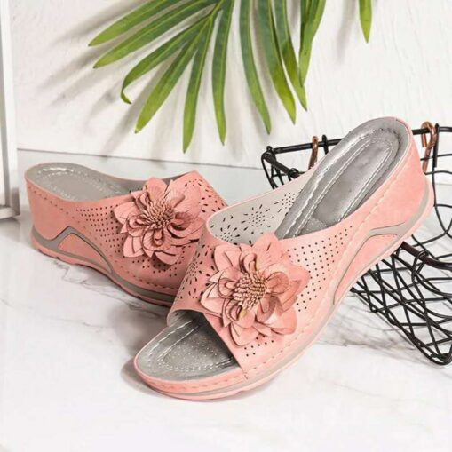 Women's Open-Toe Slip-On Wedge Sandals with Floral Decoration – Breathable, Comfortable, and Stylish for Casual Summer Wear 2025 - Image 3