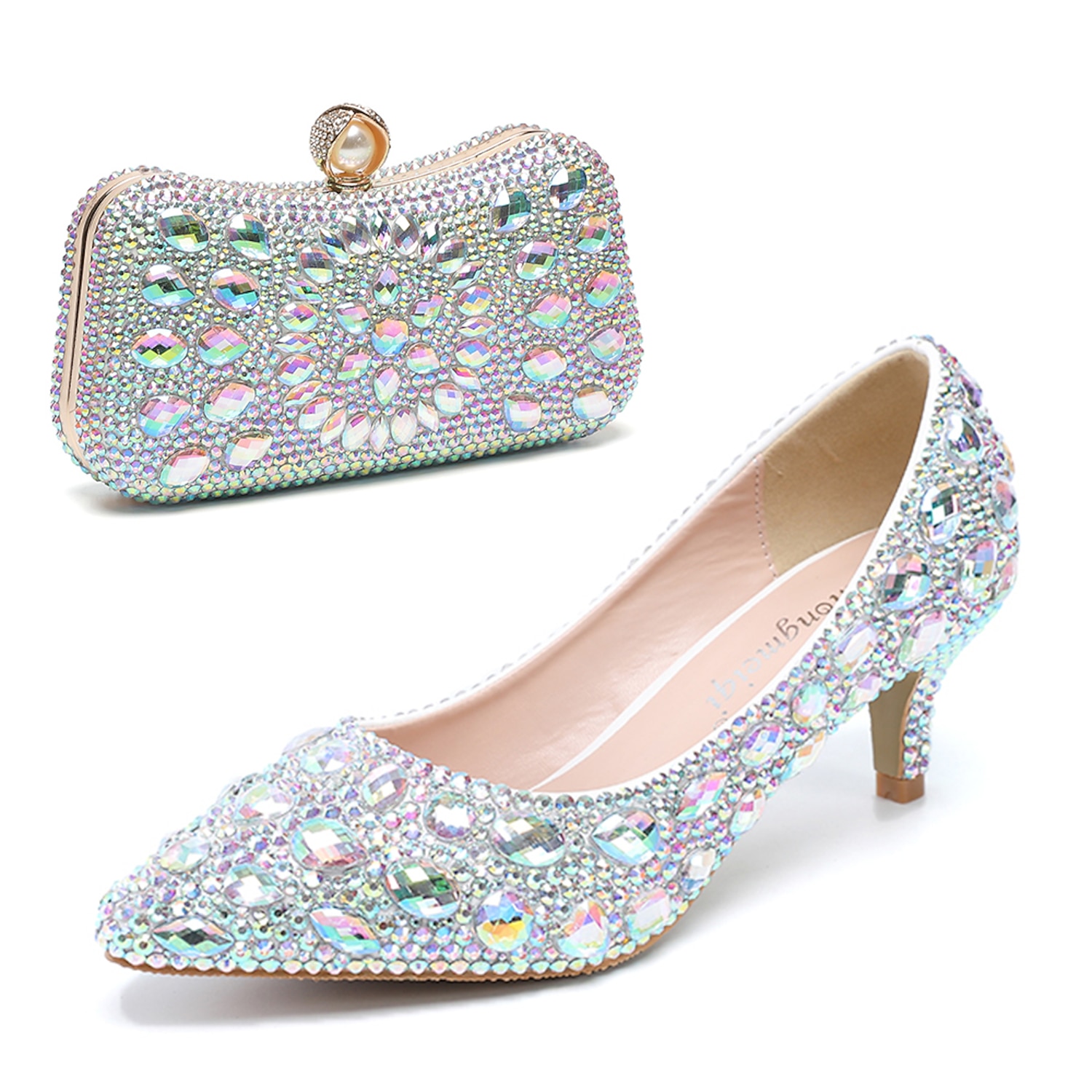 Women's Crystal-Embellished Kitten Heel Shoes and Matching Clutch Set - Elegant Rhinestone Wedding Pumps with Evening Bag 2025