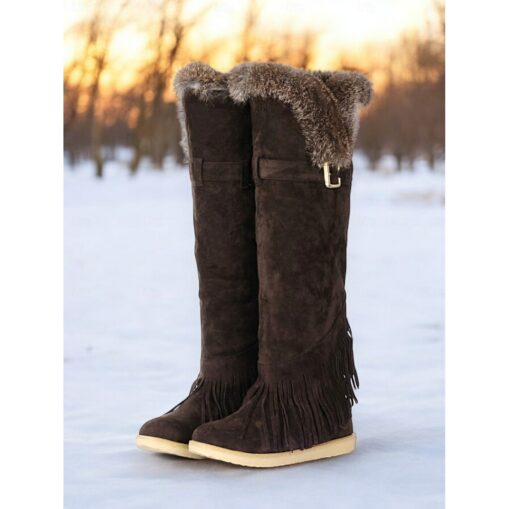 Women's Green Suede Moccasin Winter Boots with Fur Lining and Fringe Detail – Cozy Knee-High Snow Boots for Cold Weather 2025 - Image 2