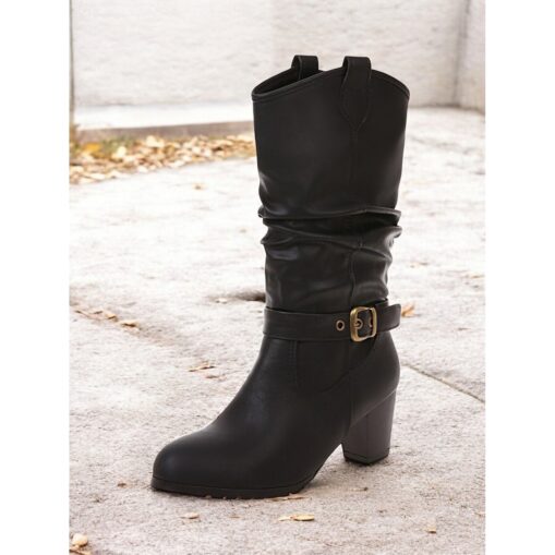 Women's Brown Knee-High Boots with Buckle Details and Block Heels – Classic and Versatile Footwear for Casual and Fall Outfits 2025 - Image 2