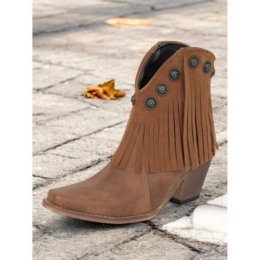 Women's Black Fringe Western Ankle Boots with Studded Accents – Vintage Style Cowgirl Booties for Casual and Festival Wear 2025 - Image 2