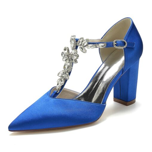 Women's Wedding Shoes Pumps Bridal Shoes Rhinestone Chunky Heel Pointed Toe Luxurious Satin Buckle T-Strap Wine Black White 2025 - Image 6