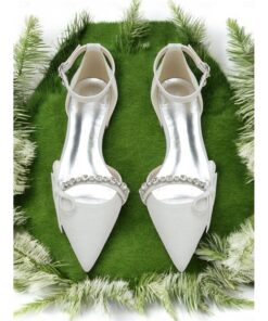 White Rhinestone Pointed-Toe Bridal Shoes with Bow Details and Ankle Straps for Women’s Evening Occasions and Wedding 2025